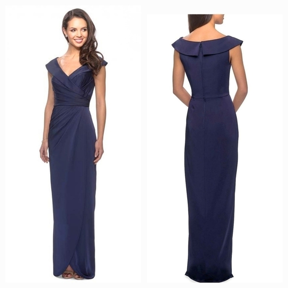 La Femme‎  Royal Blue V-Neck Cap Sleeves Pleated Ruched Long Gown - Picture 1 of 3